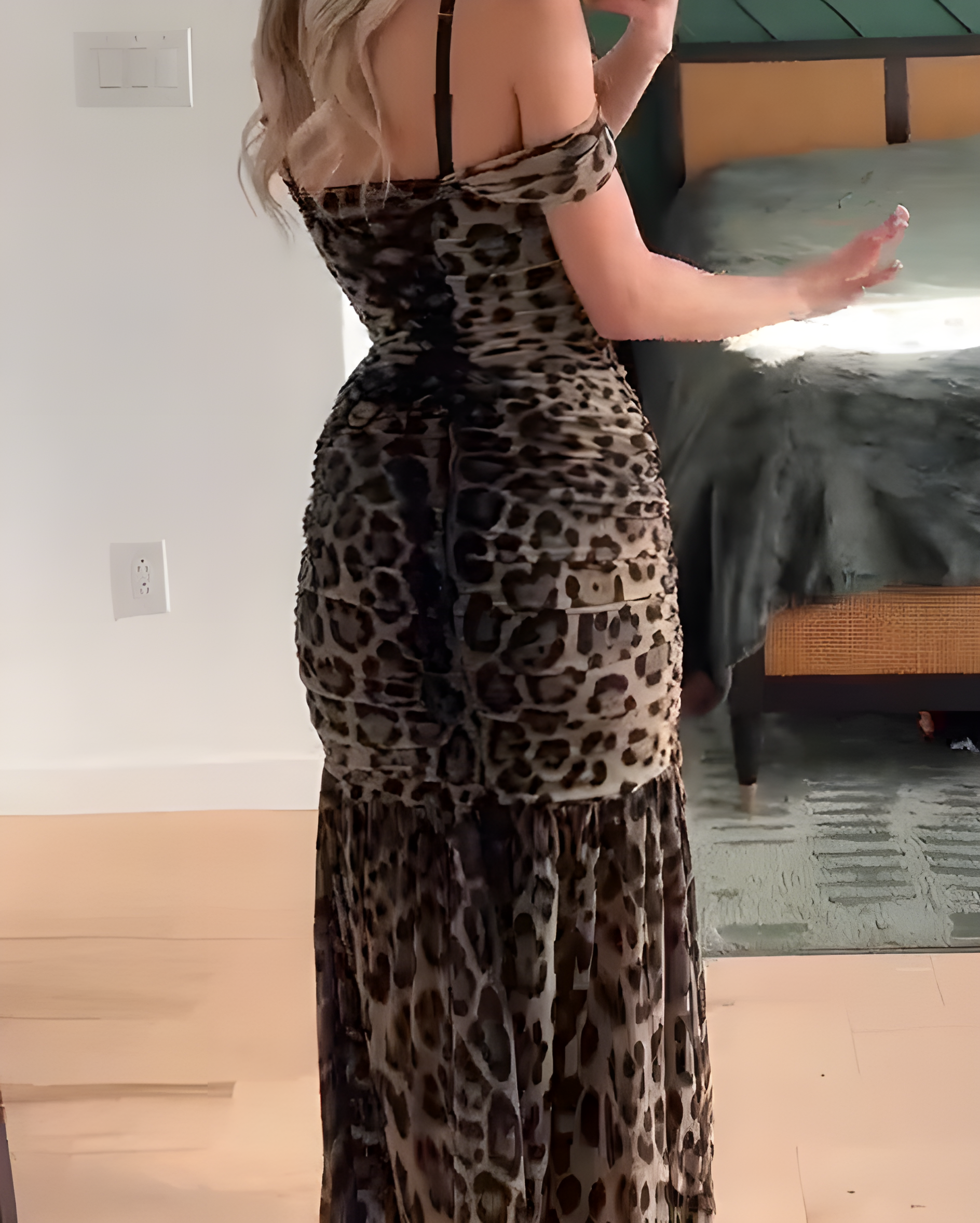 Off Shoulder Mesh Leopard Print Lace-Up Slimming Dress