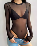 Sheer Mesh Crew Neck Long Sleeve Thong Bodysuit Black