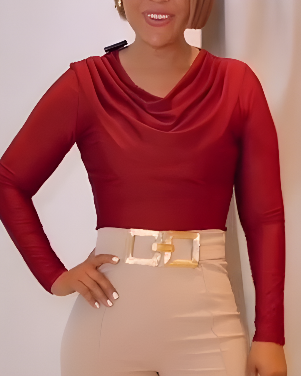 Women's Draped Neck Long-Sleeved Top DarkRed