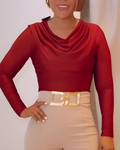 Women's Draped Neck Long-Sleeved Top DarkRed