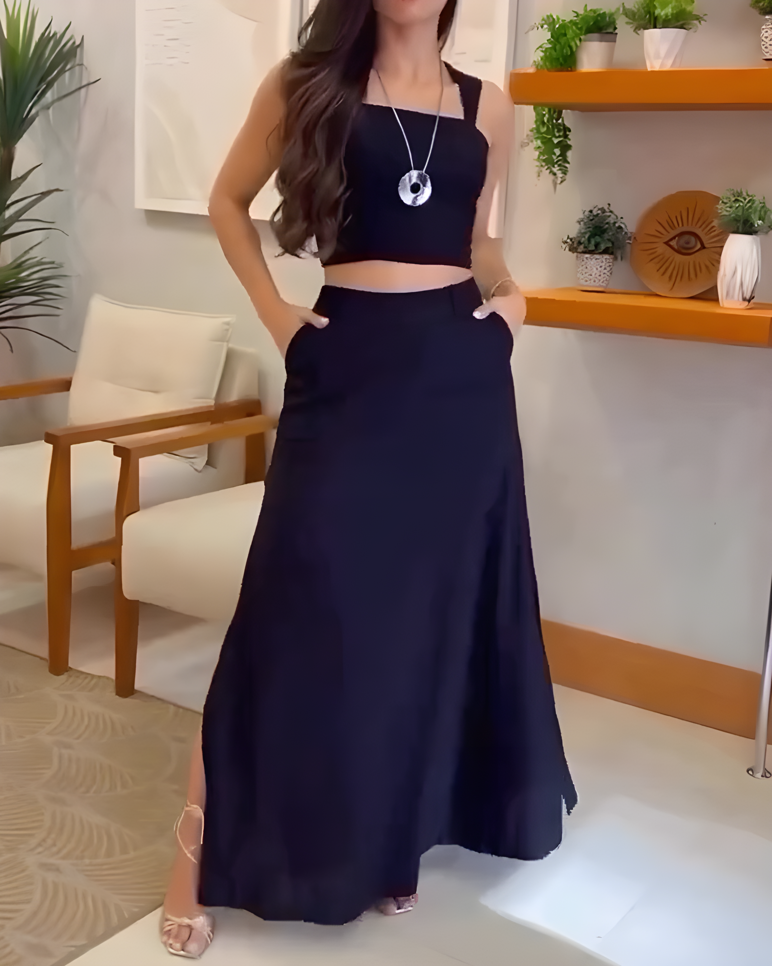 Women's Fashion Sleeveless Slit Skirt 2-Piece Set Black