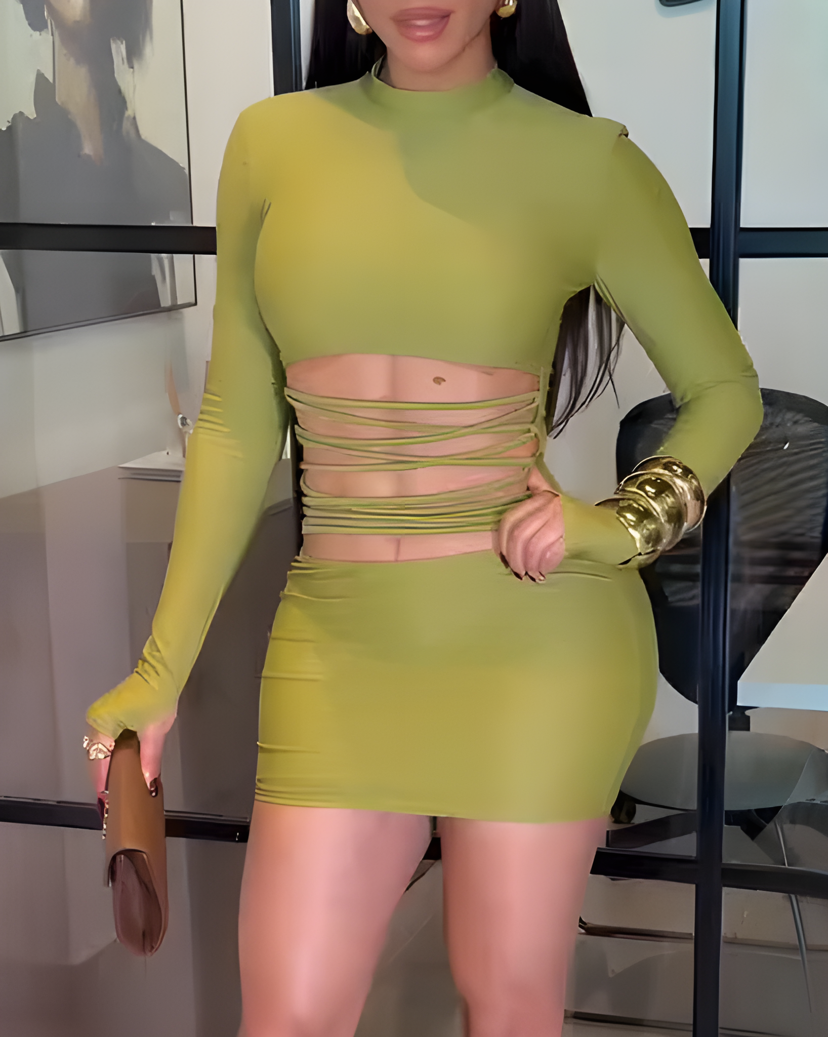 Long Sleeve Cutout Bodycon Mini Dress Green
