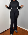 Front Zip Long Sleeve Bodycon Flare Jumpsuit Black