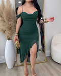 Off-the-Shoulder Mesh Ruffled Slit Slim Dress Green