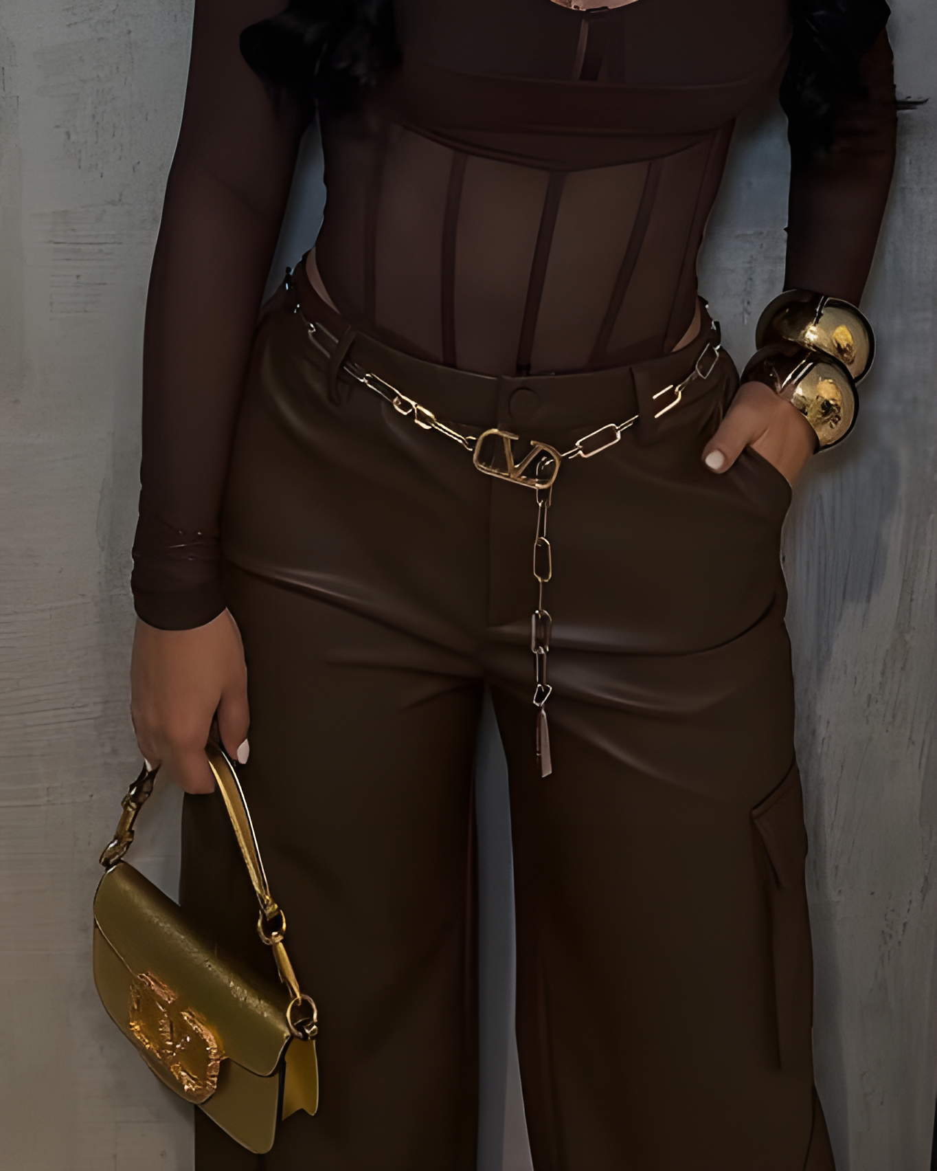 Fashion Cargo Style Wed-Leg Leather Pants