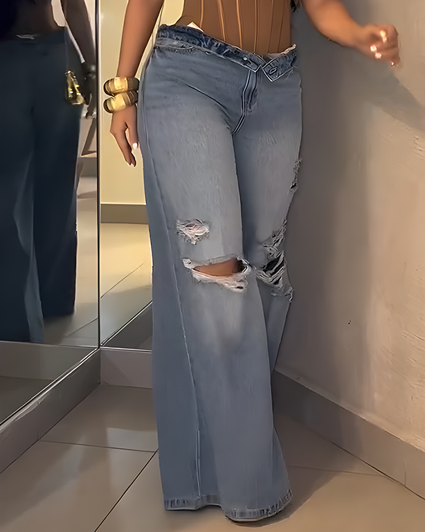 Women's Ripped High-Waisted Wide-Leg Jeans