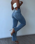 Snatched High Rise Straight Denim Jeans with Subtle Rips