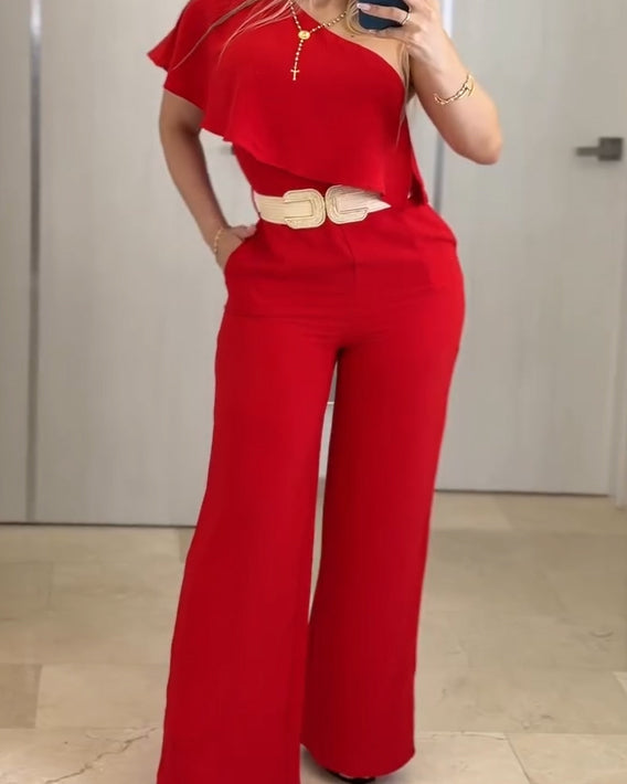 One Shoulder Ruffle Wide Leg Jumpsuit