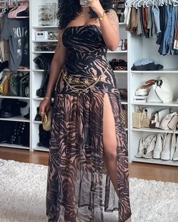 Strapless Leopard Print High-Slit Mesh Maxi Dress
