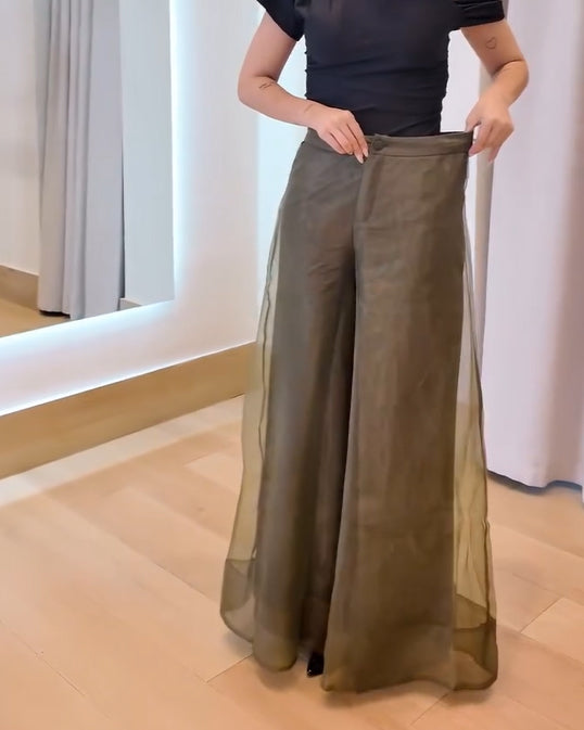 High-Waisted Sheer Layered Organza Wide-Leg Trousers