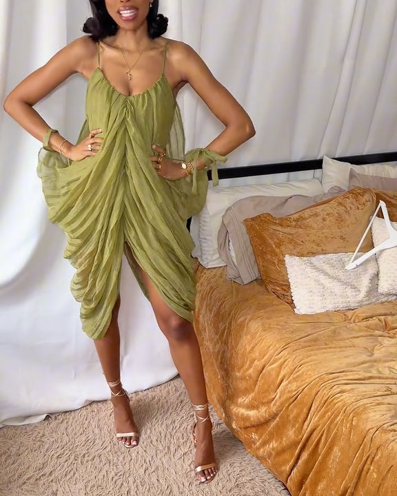 Women's Elegant Draped Mesh Midi Dress Sexy Plunging Neckline Ruched Cami Slip Dress