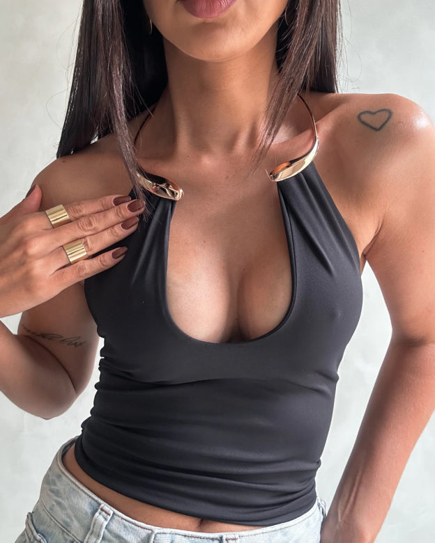 Metal Choker Halter Top With Waist Tie Detail Black