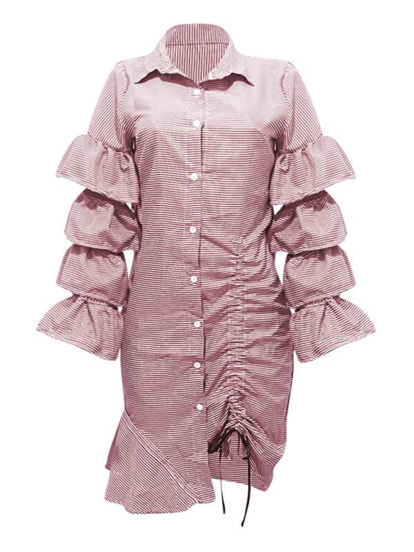 Tiered Ruffle Drawstring Stripe Dress--Clearance