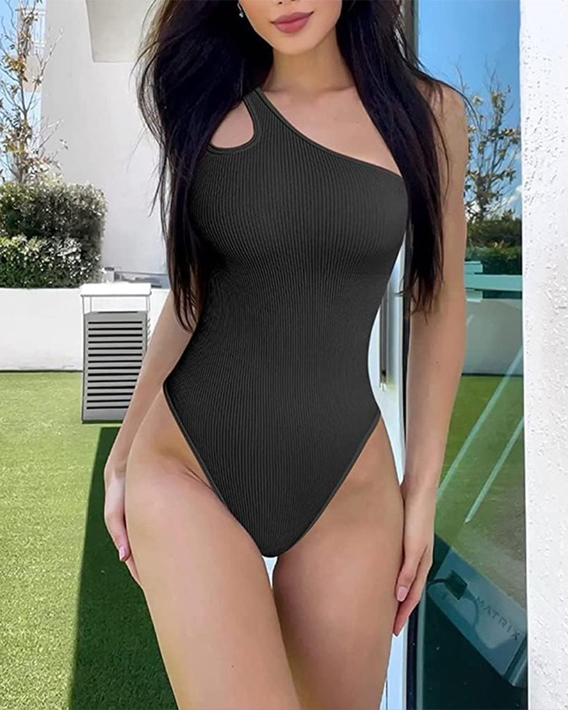 Fashion Ribbed One Shoulder Tummy Control Sexy Bodysuits Black