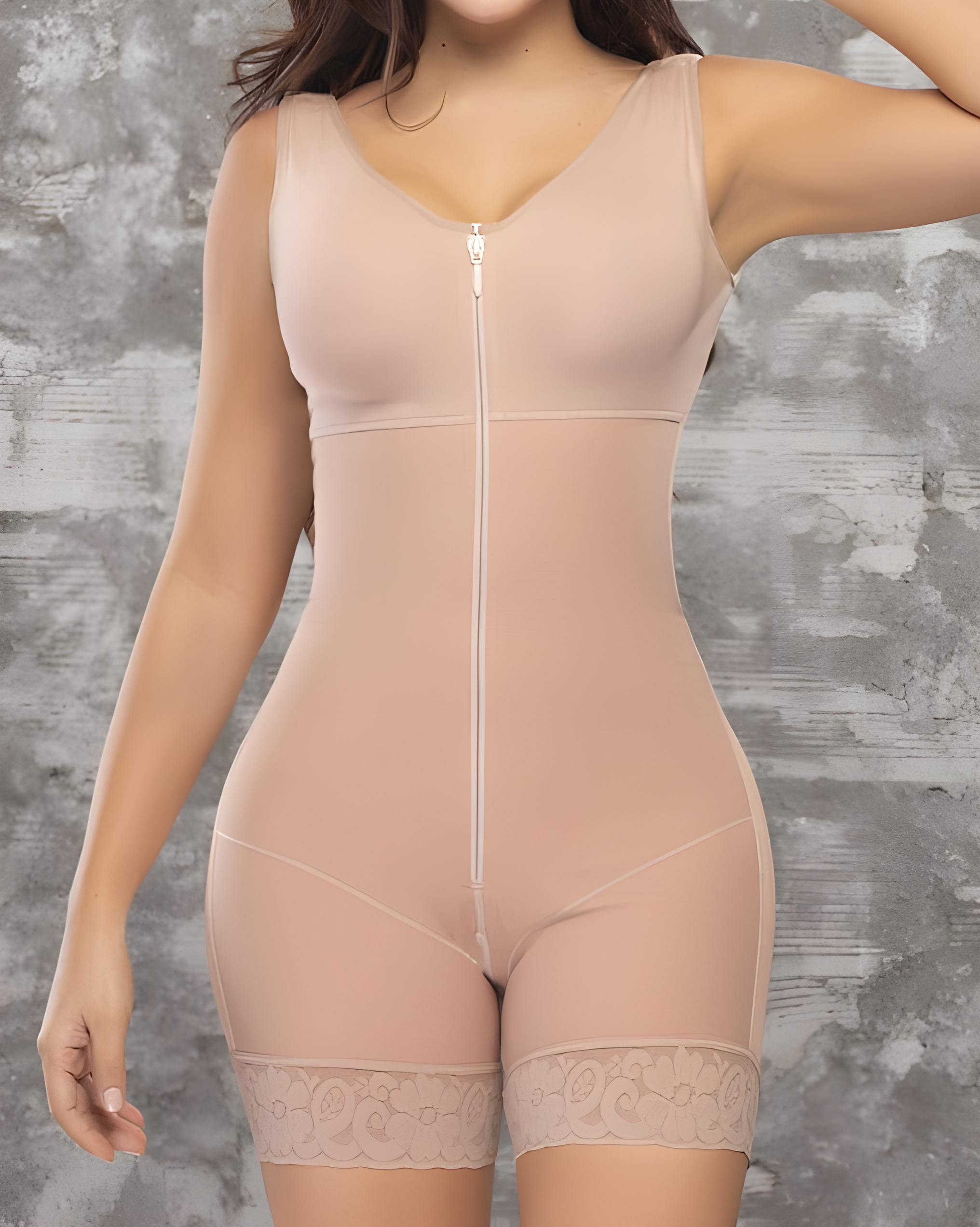 Front Zipper Tummy Control Sleeveless Full Body Shaper with Bra Tan