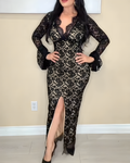 Sexy Long-Sleeved Lace V-Neck Bodycon Dress Black