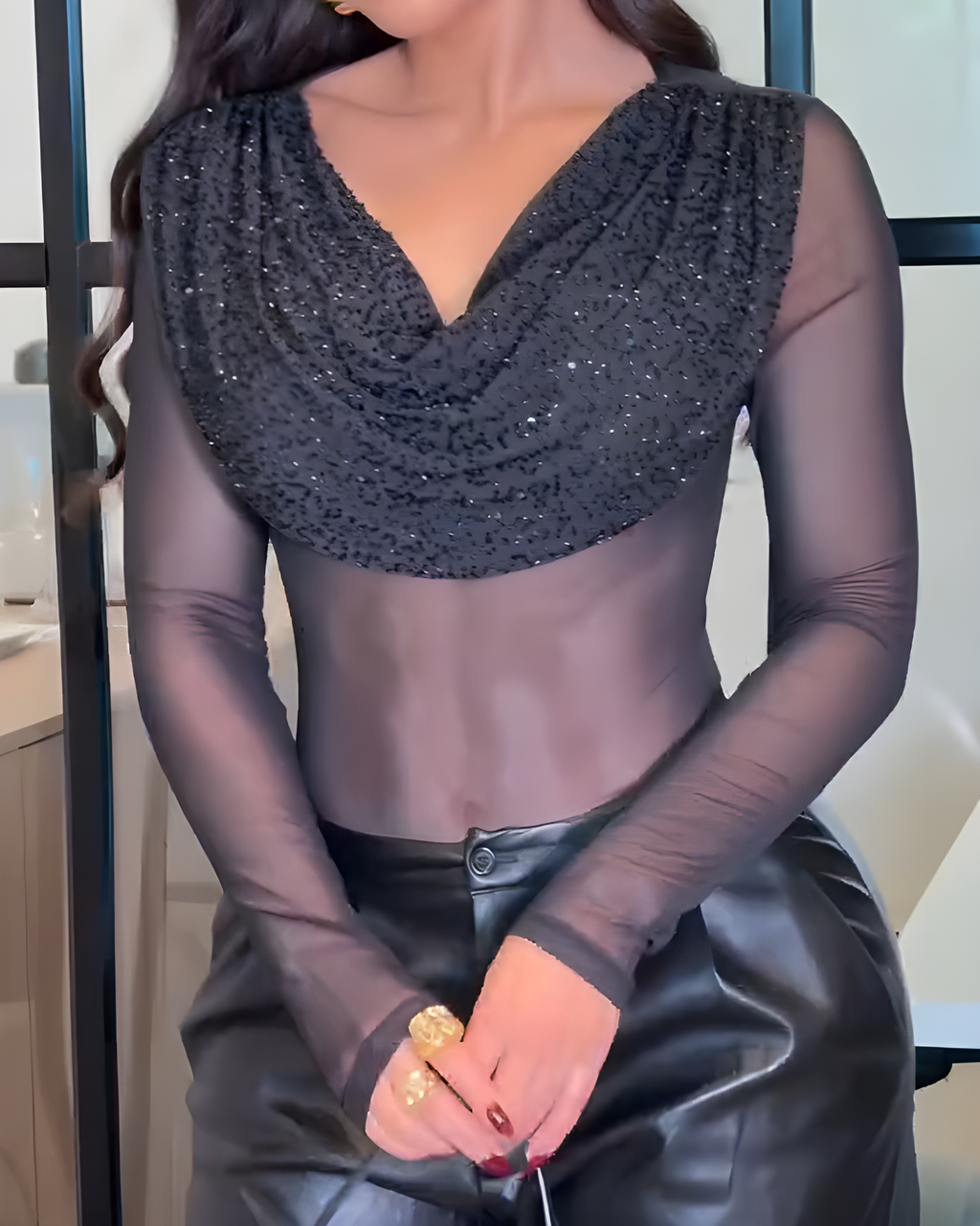 Women's Draped Neck Mesh Long-Sleeved Top Black