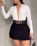 Women's Fashion Long-Sleeved Bodysuit Skirt 2-Piece Set White
