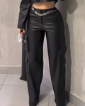 Women's Cargo Style Wide-Leg Leather Pants Black