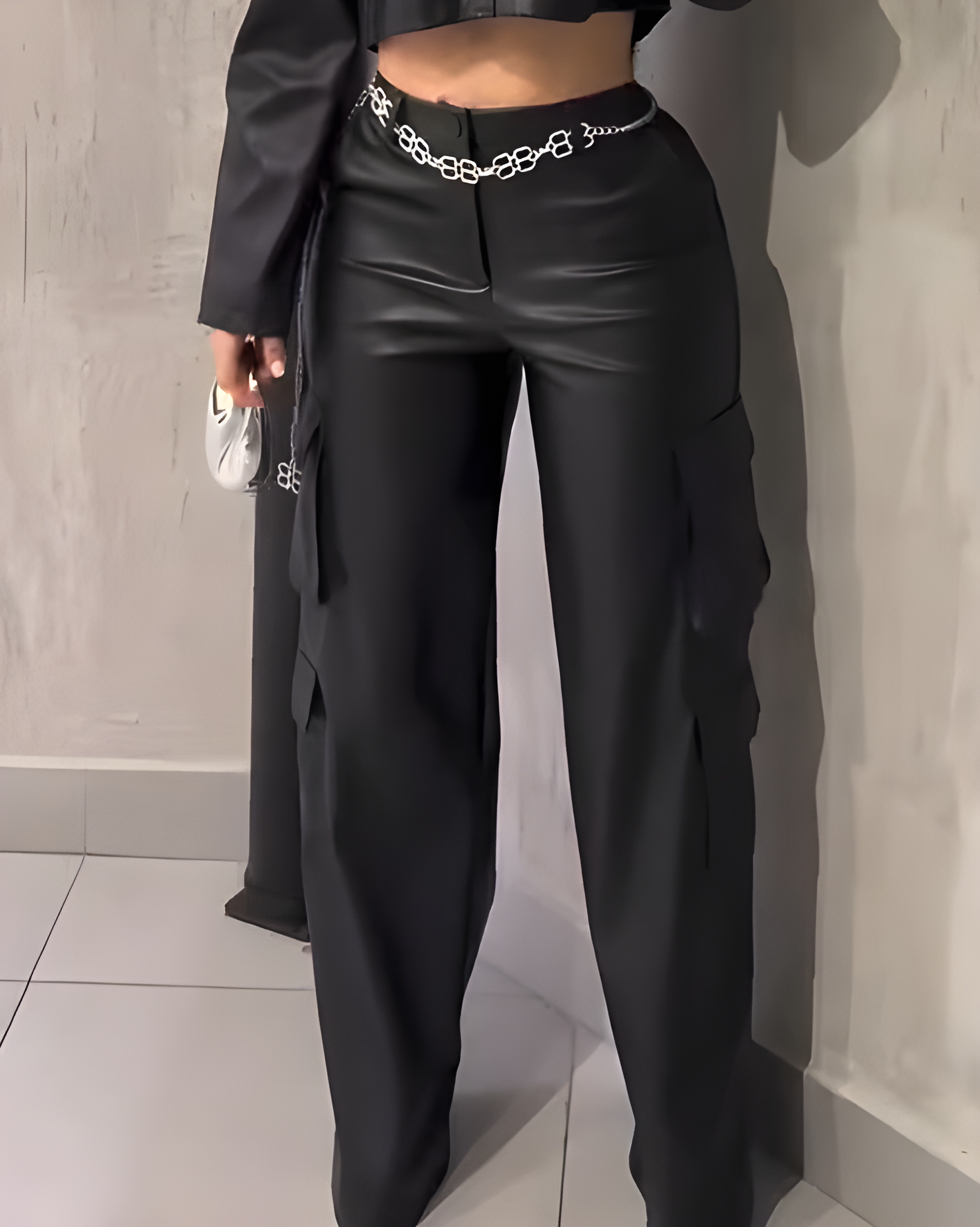 Women's Cargo Style Wide-Leg Leather Pants Black