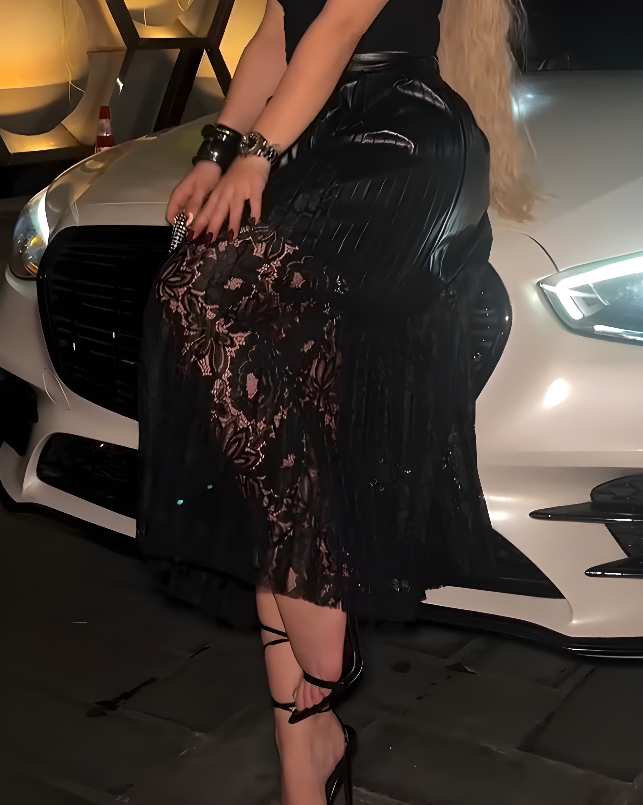 Sexy Lace Mesh Leather-Lined Skirt