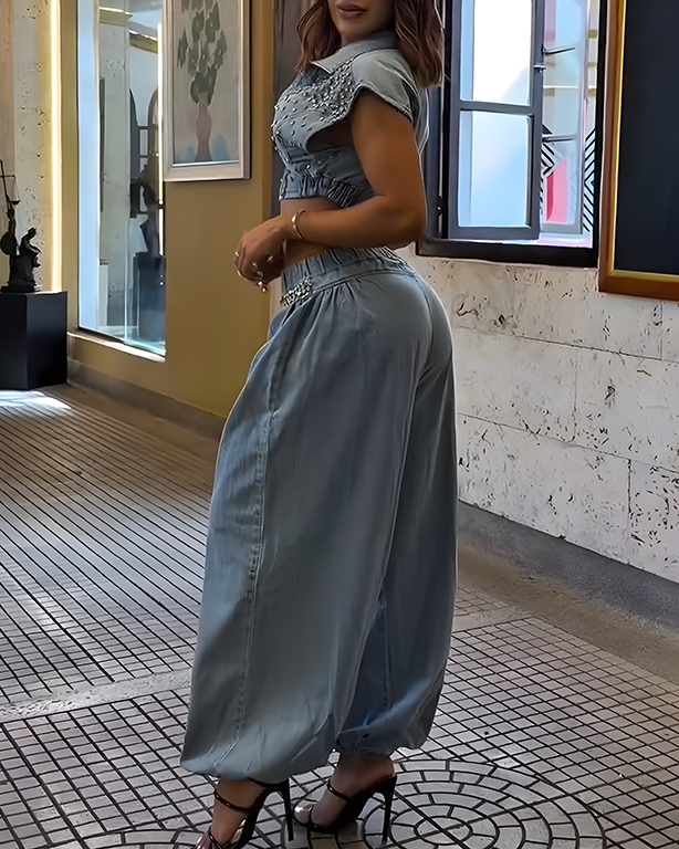 Sparkling Rhinestone Denim Two-Piece Set