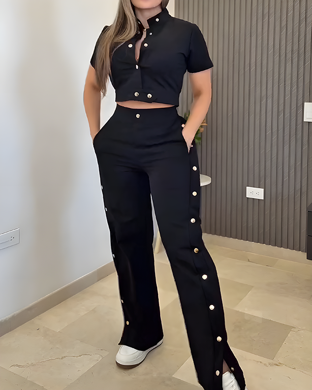 Fashion Casual Short Sleeve Wide Leg 2-Piece Set Black