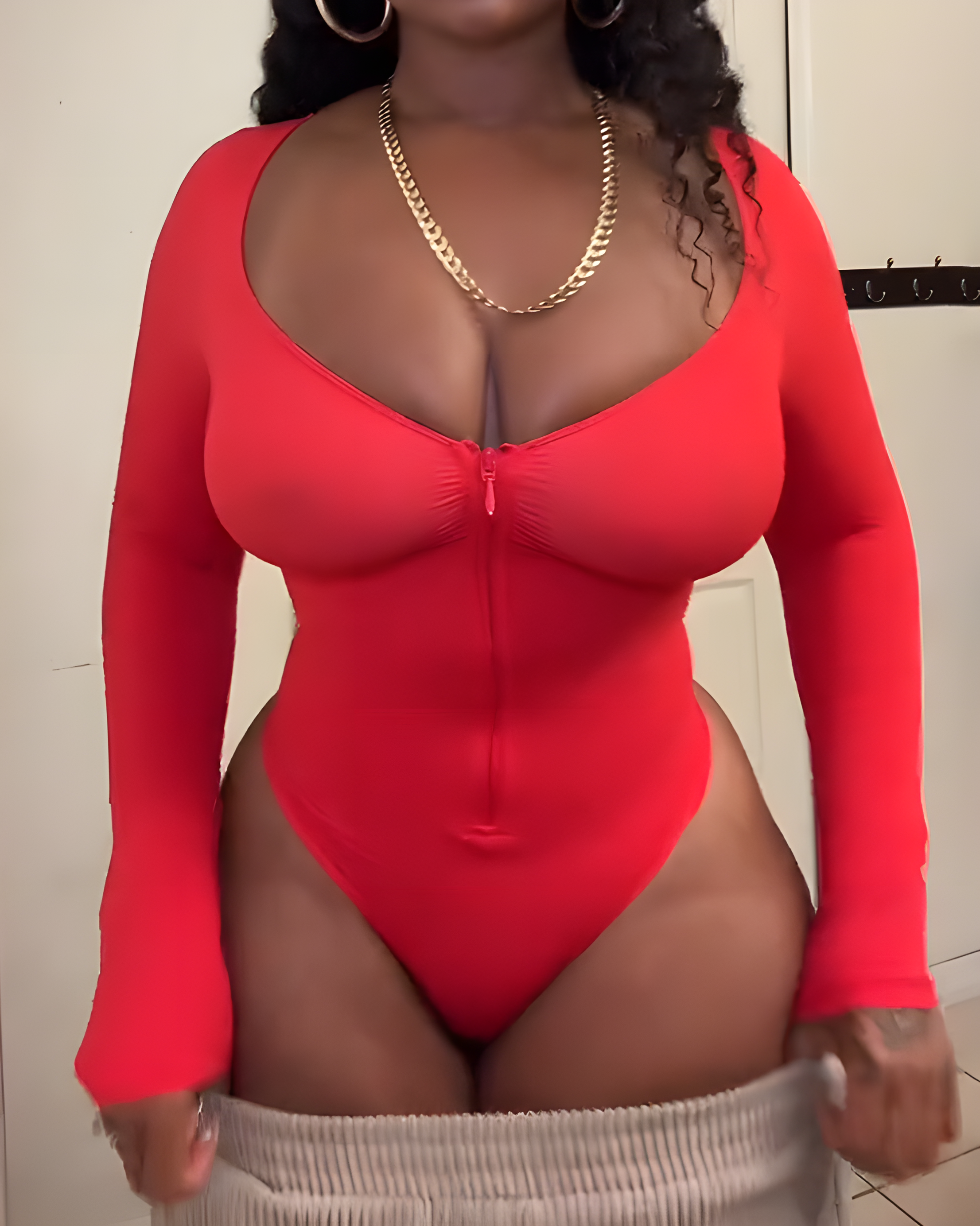 Front Zipper Seamless Slimming Long Sleeve Thong Bodysuit Red