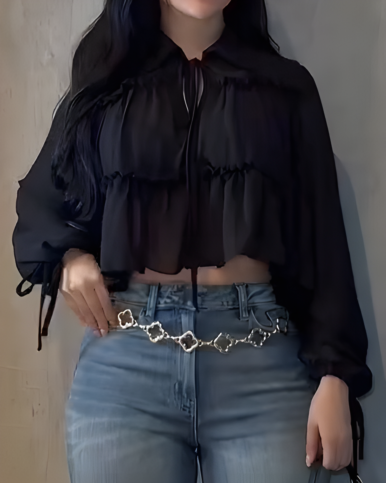 Women's Chiffon Ruffle Long Sleeve Shirt Black