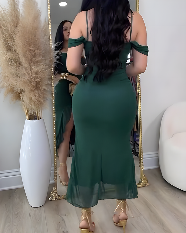 Off-the-Shoulder Mesh Ruffled Slit Slim Dress