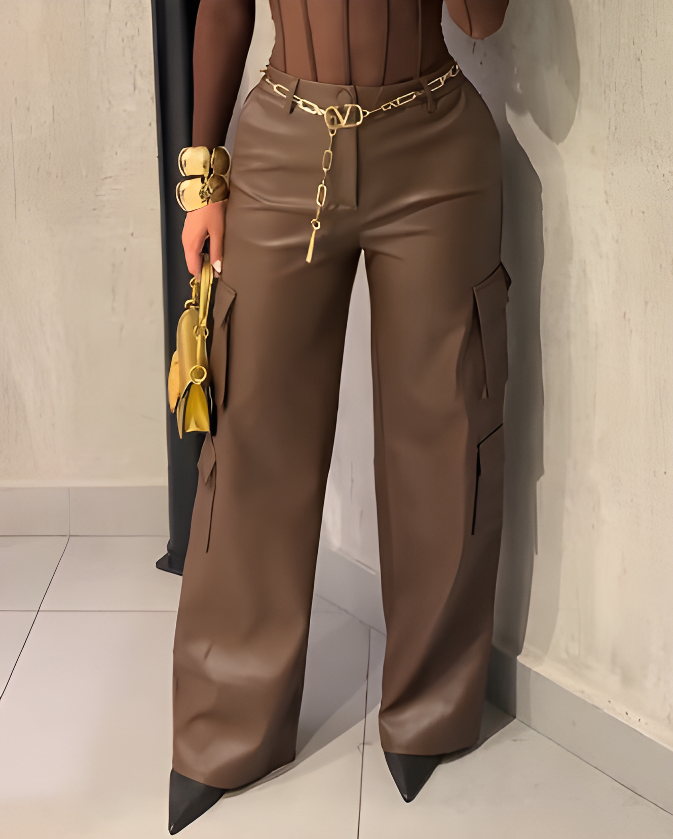Fashion Cargo Style Wed-Leg Leather Pants Brown