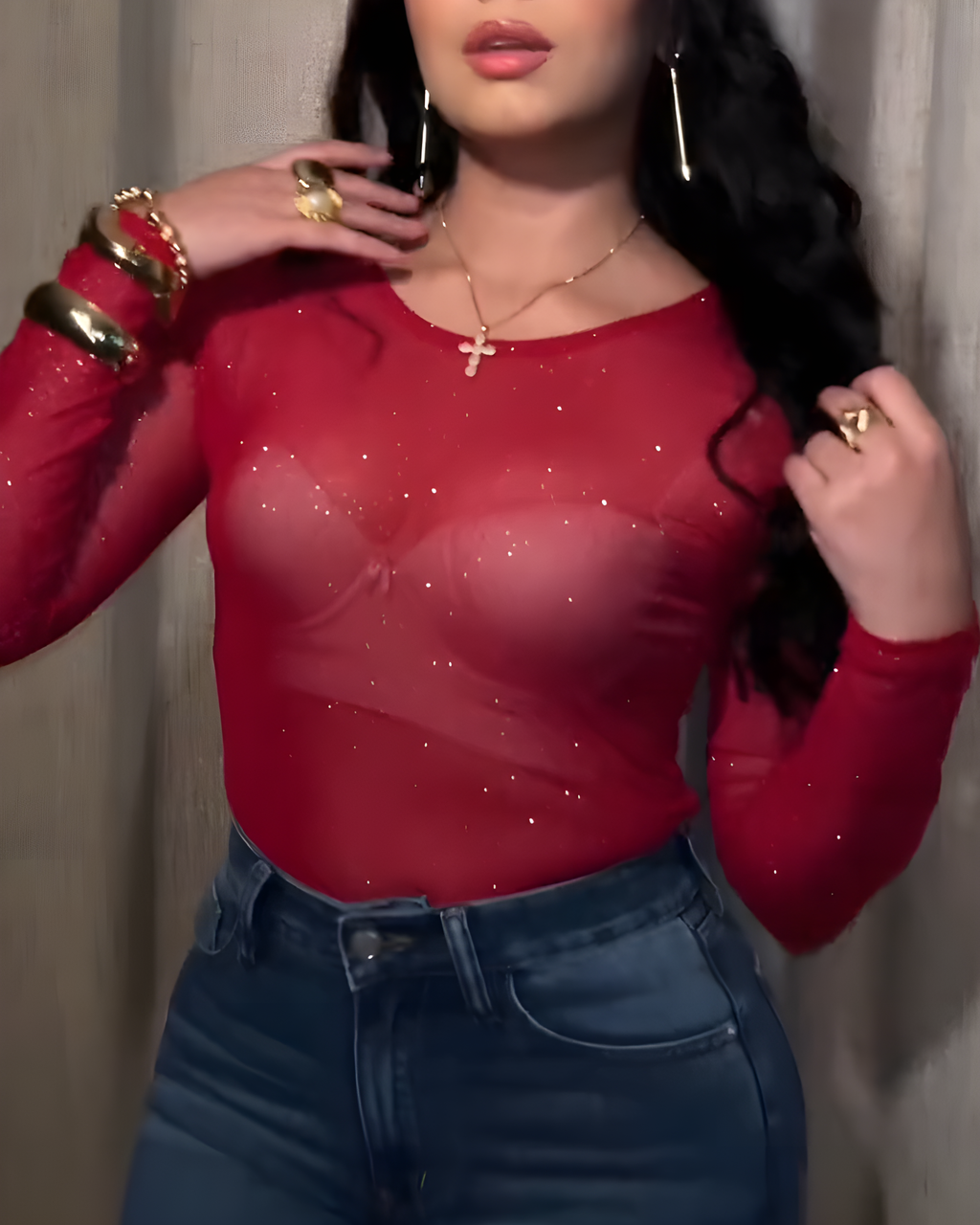 Mesh Sparkly Rhinestone Long-Sleeved Bodysuit Red