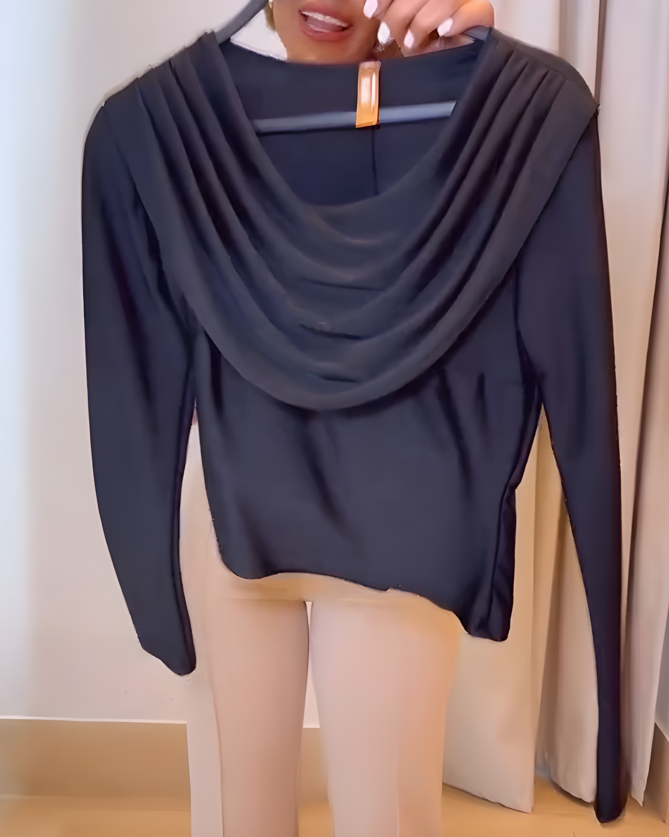 Women's Draped Neck Long-Sleeved Top Black