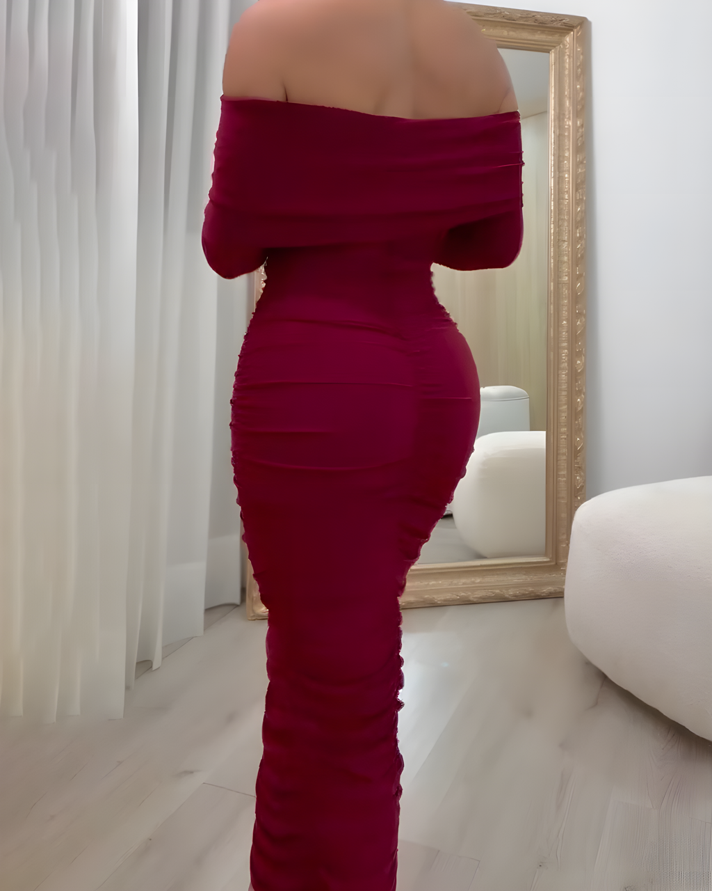 Off-the-Shoulder Long-Sleeved Ruched Bodycon Dress