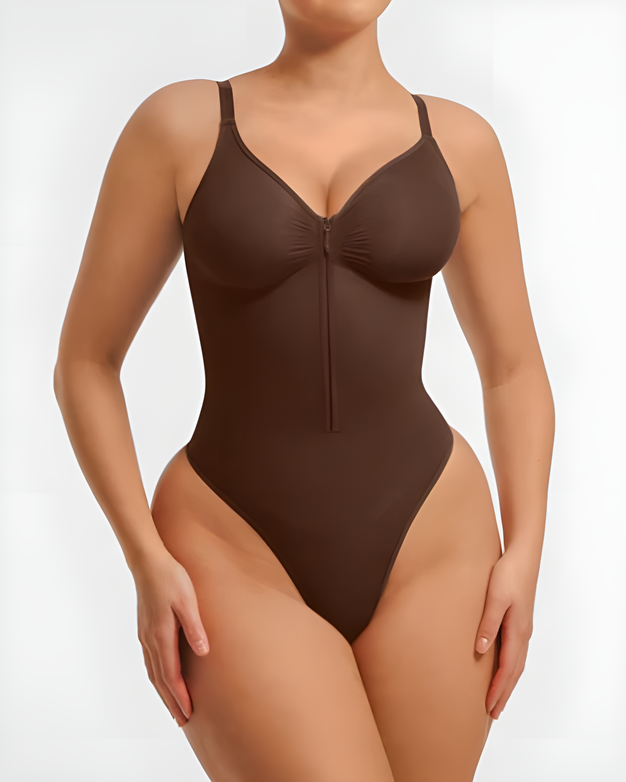 V-Neck Front Zip Ribbed Shapewear Thong Bodysuit Brown
