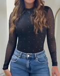Fashion Mesh Backless Rhinestone Thong Bodysuit Black