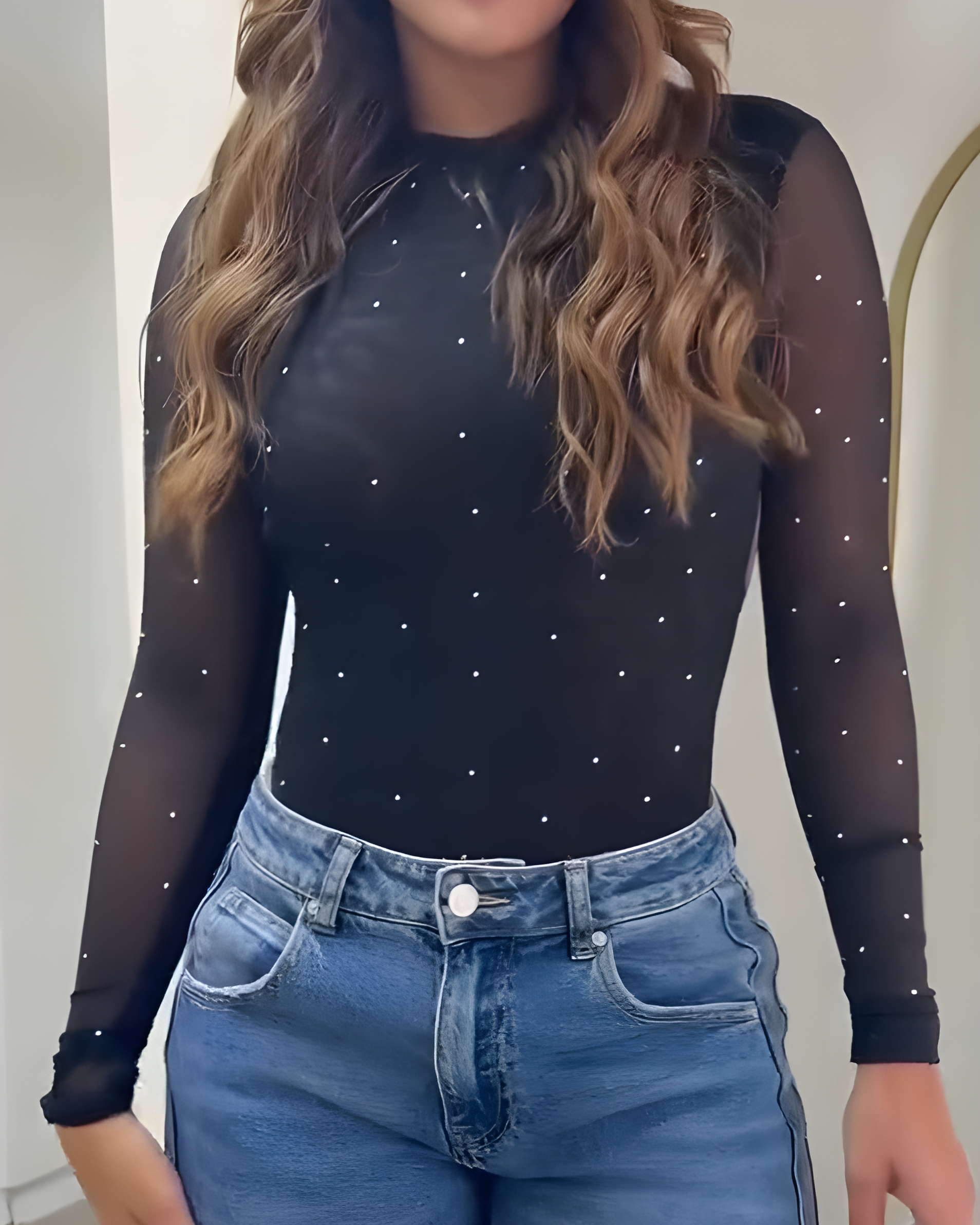 Fashion Mesh Backless Rhinestone Thong Bodysuit Black