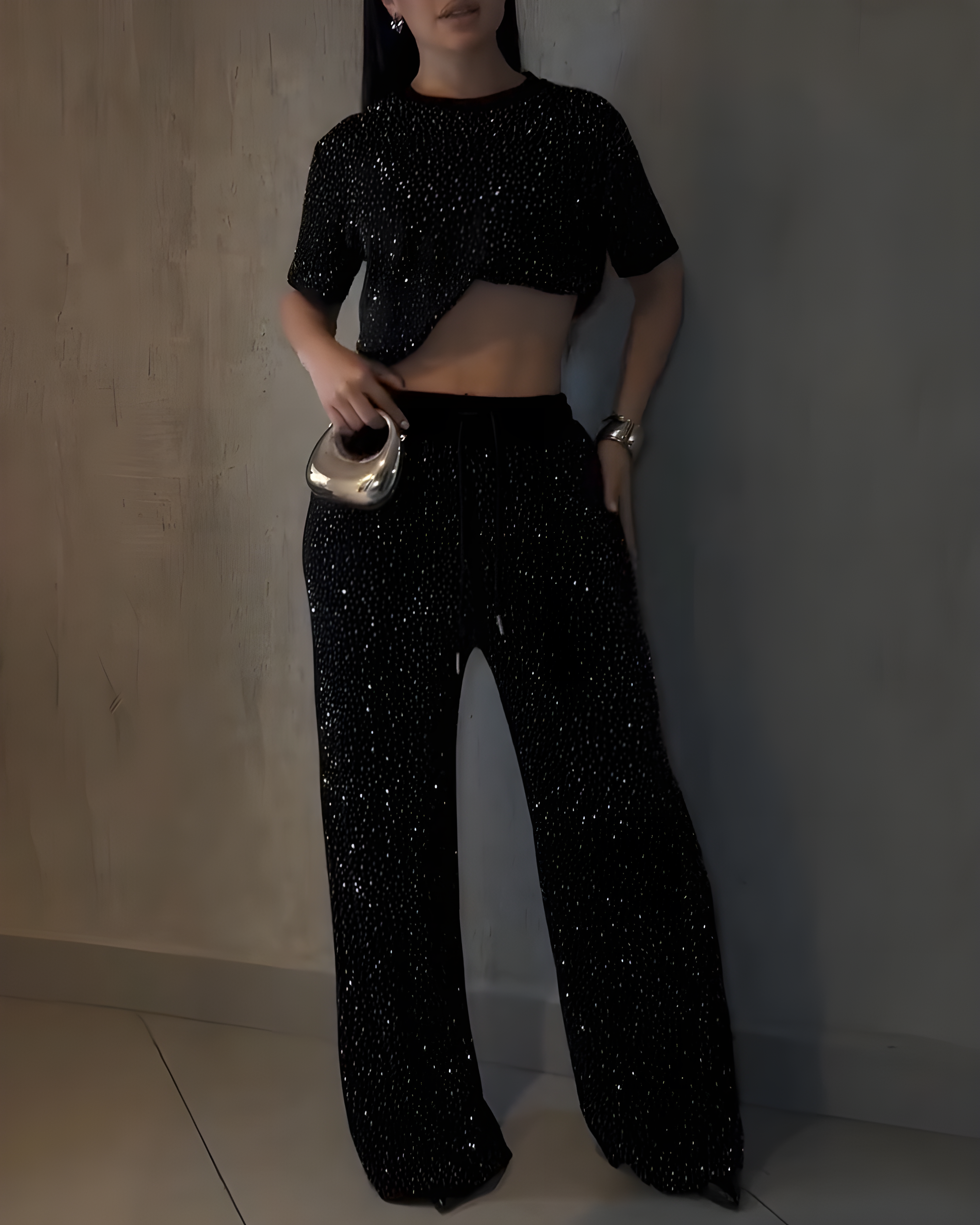 Sparkling Rhinestone Loose Casual 2-Piece Set