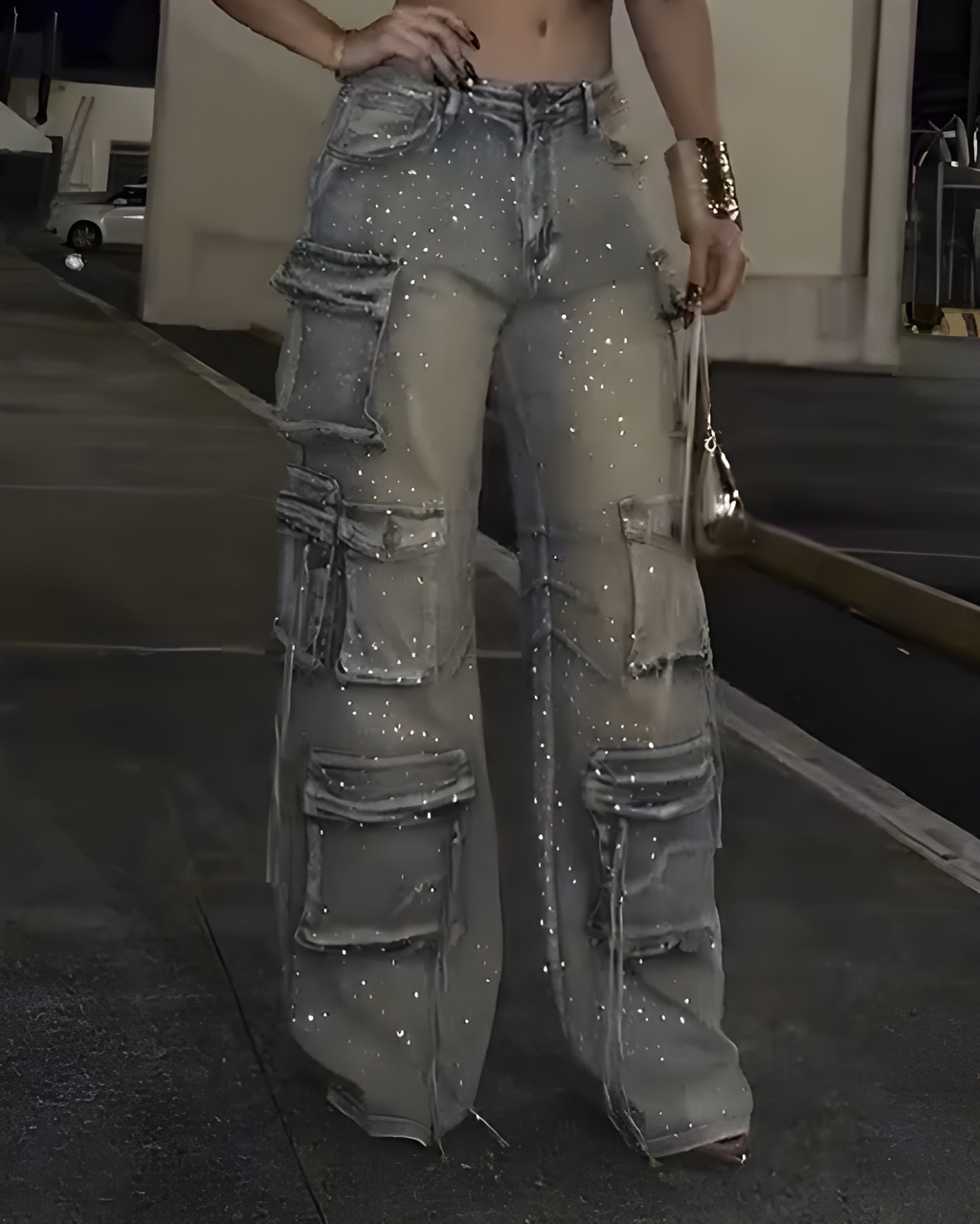 Women's Cargo Style Rhinestone Jeans Lightblue