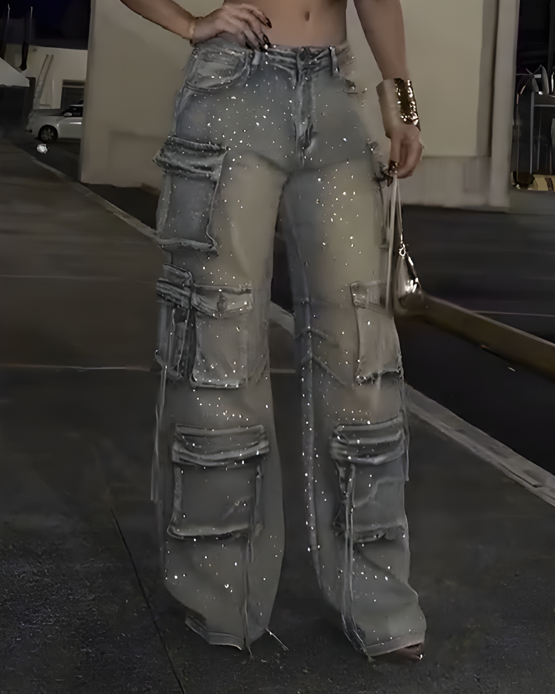 Women's Cargo Style Rhinestone Jeans Lightblue