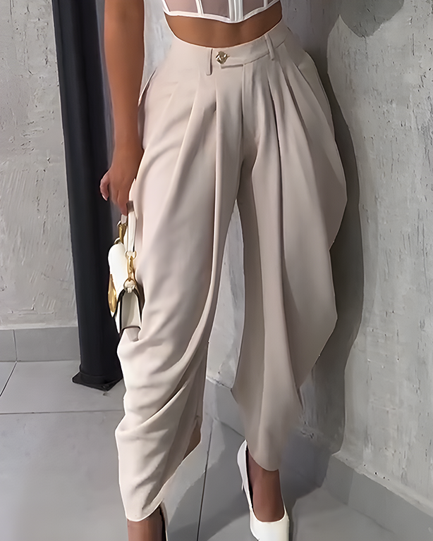 High Waist Loose Ruched Irregular Casual Pants White