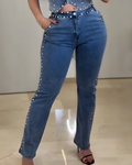 High-Elasticity Studded Straight Leg Jeans Blue
