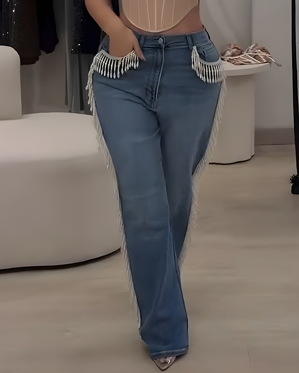 Women's Beaded Tassel Trim Straight Leg Jeans