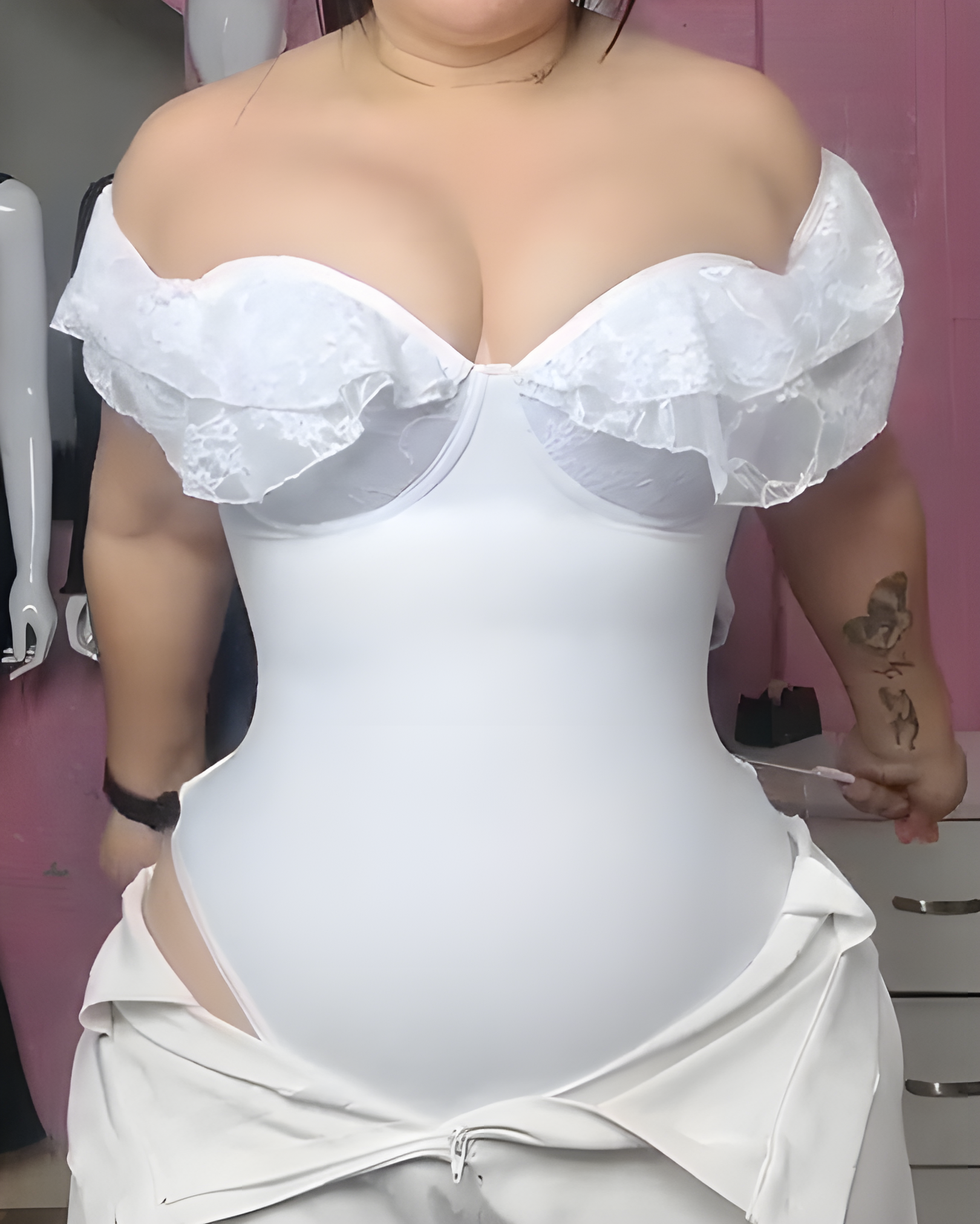Women's Lace Back Tie Tummy Control Thong Bodysuit White