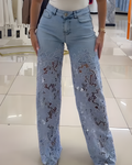 Women's Lace Cutout Wide Leg Jeans Lightblue