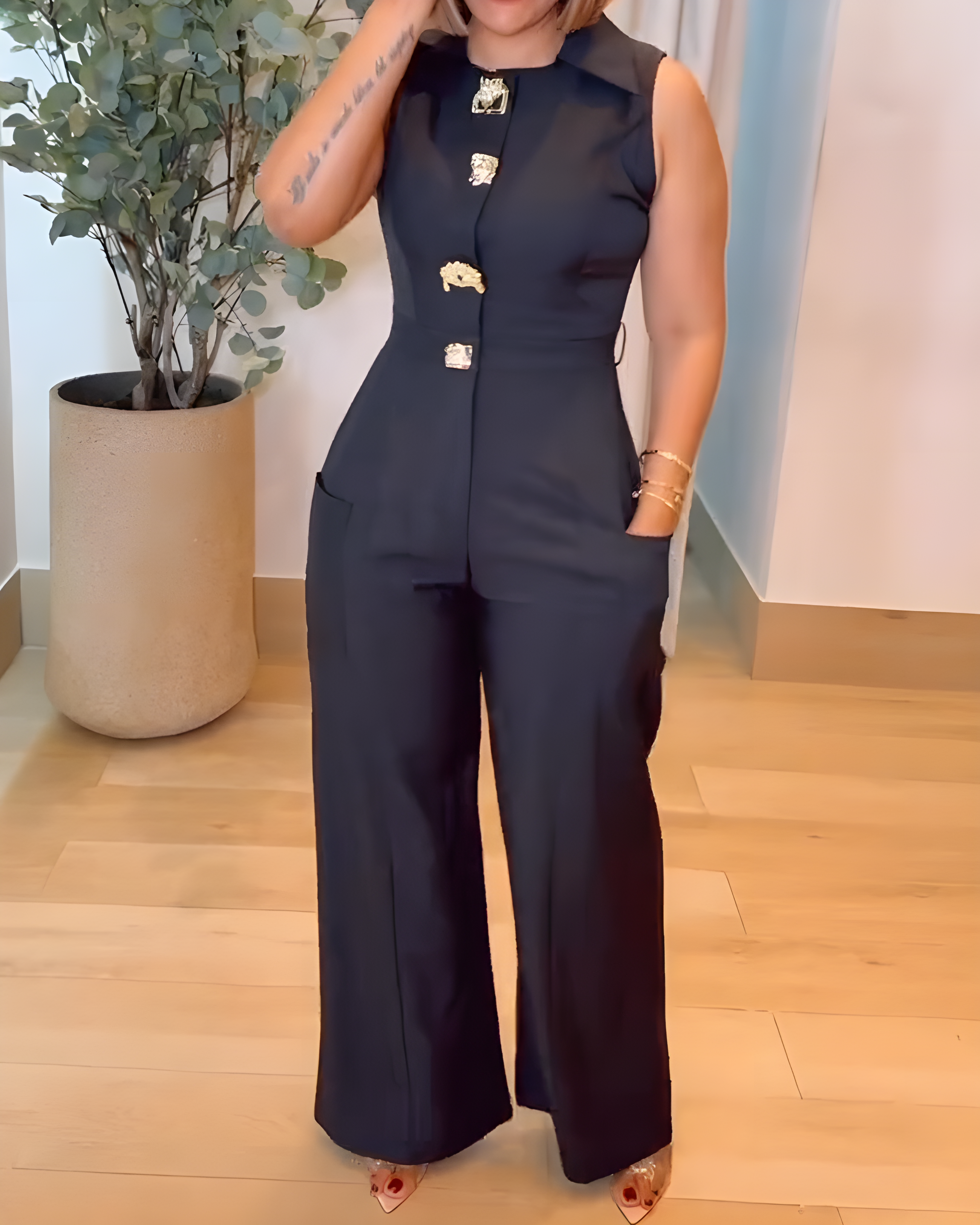 Women's Fashion Sleeveless Slim Fit Wide Leg Jumpsuit Black