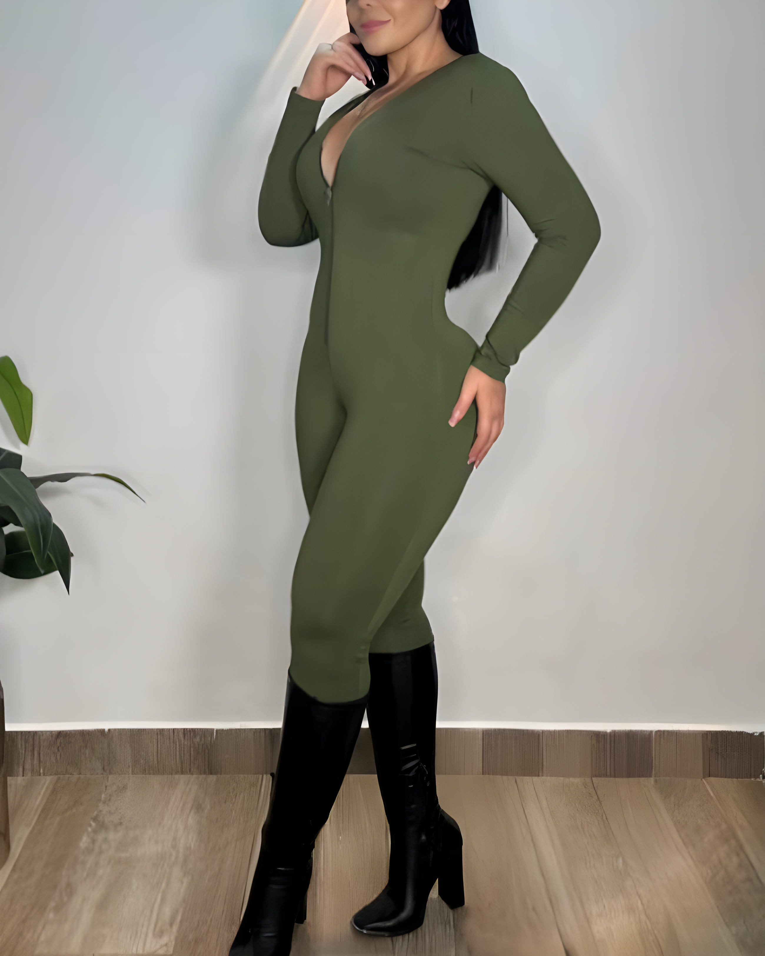Women's Tummy-Control Long-Sleeved Bodycon Jumpsuit Olive