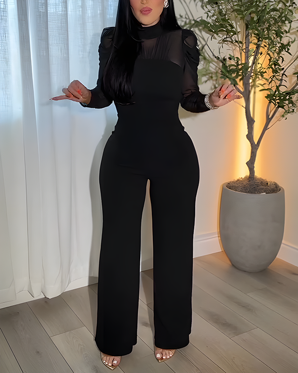 Sheer Mesh Stand Collar Slimming Wide Leg Jumpsuit Black