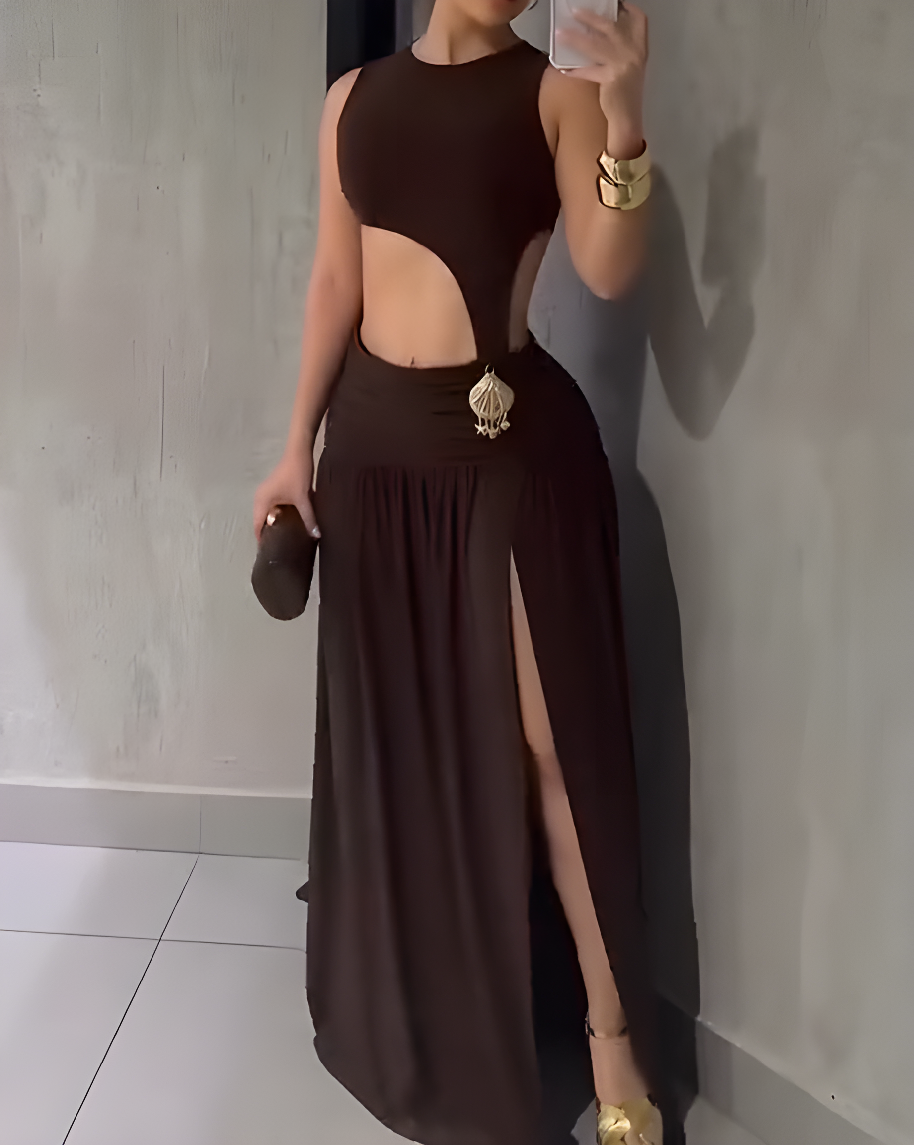Sexy Sleeveless Backless Slit Dress Brown