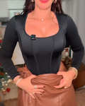 Square Neck Long-Sleeved Shaping Thong Bodysuit Black
